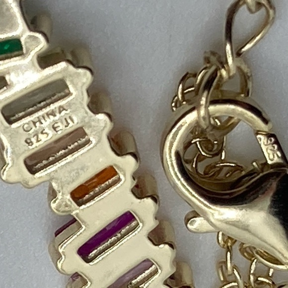 Sterling Silver Gold Plated Rainbow Cz Stone Bar Pendant Necklace Approx 16” - Picture 5 of 8